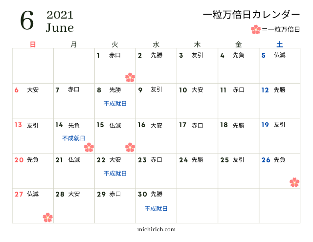 一粒万倍日カレンダー2021年6月