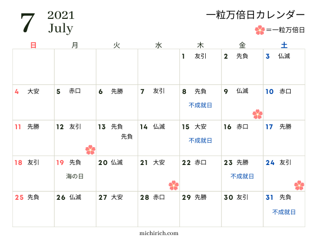 一粒万倍日カレンダー2021年7月