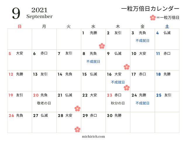 一粒万倍日カレンダー2021年9月